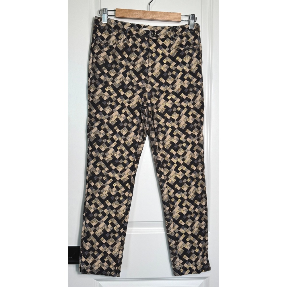 Soft Surroundings Geometric Print Stretch Pants Womens Size M Beige Black Gold